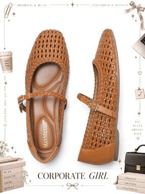 Woven Square Toe Mary Jane Ballet Flats Buckle Comfortable Dressy Shoes